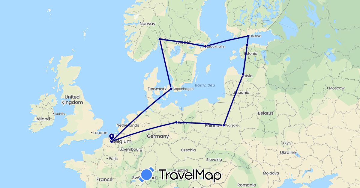 TravelMap itinerary: driving in Germany, Denmark, Estonia, Finland, France, Latvia, Norway, Poland, Sweden (Europe)