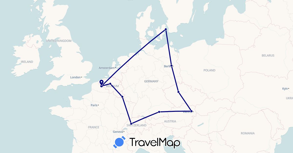 TravelMap itinerary: driving in Austria, Belgium, Switzerland, Czech Republic, Germany, Denmark, France, Luxembourg (Europe)